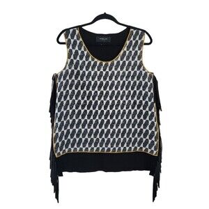 Derek Lam sz 8 Suede Fringe Sleeveless Tank Top Black White Yellow Knit Leather